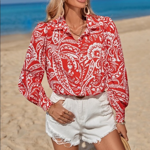 πΊ BOHO RED WHITE FLORAL PRINT BLOUSE! - Picture 4 of 6
